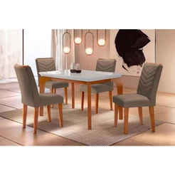 Sala de Jantar Completa Londrina Tampo Madeirado c/ Vidro Curvo 120x80cm e 4 Cadeiras Londrina Imbuia - Veludo Capuccino - Rufato