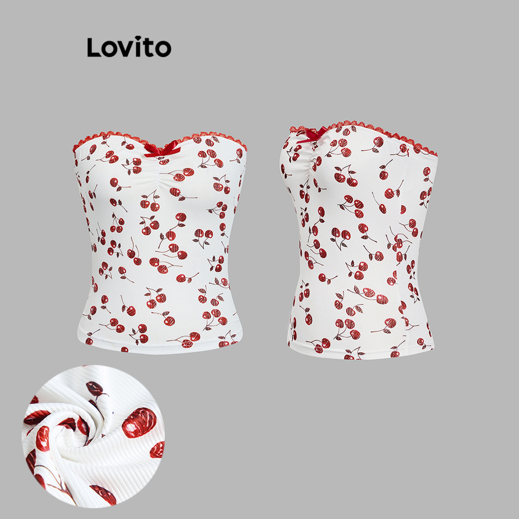 Lovito Casual &Fruit&Vegetable Ruffle Neck Bow Rib Knit Tank Top para mulheres L105MD177 - Women Clothes