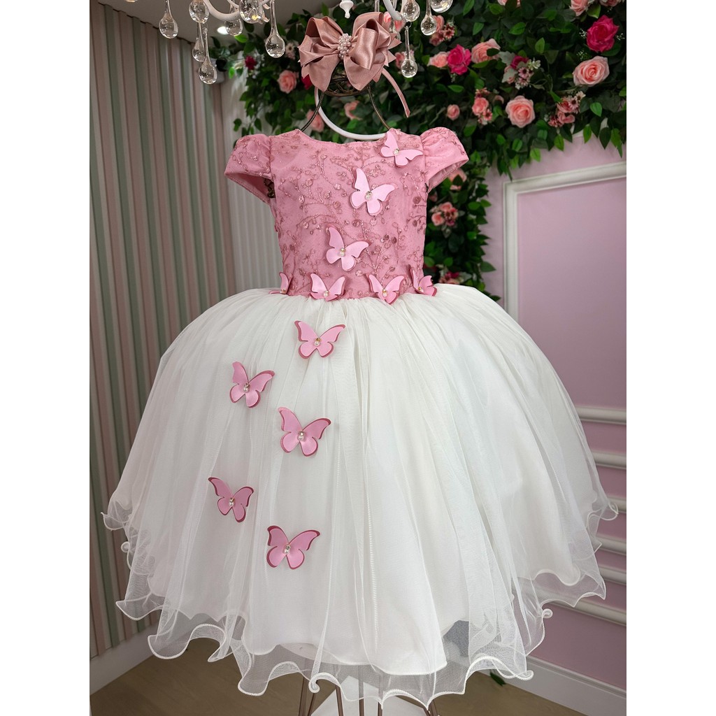 Vestido Juvenil Midi Vila Lele Sabrina Rose e Off Casamento Formatura Noiva Batizado Elegante Luxo Clássico Cerimônia Festa Formal Princesa Sofisticado Delicado Glamouroso Chic Tradicional Romântico Solene Infantil Juvenil Festa Casual Menina Dia a Dia