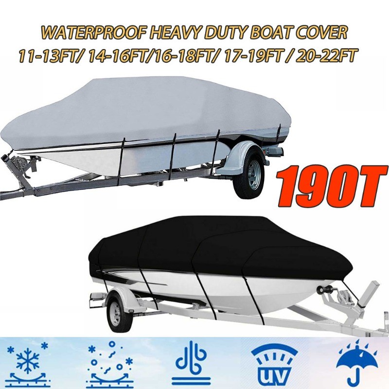 Capa Para Barco E Iate 190T , À Prova D'água , 11-22 Pés , Jumbo Cruiser , Resistente , Marinho De Sol , Proteção UV , De Amarração , Preto Prateado