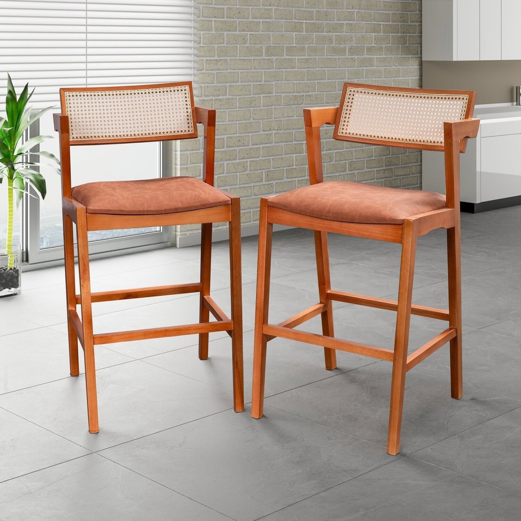 Kit 2 Banquetas Madeira Maciça, Estofada e Rattan de Fibra 100% Natural Nápoles Espresso Móveis em Oferta na Shopee