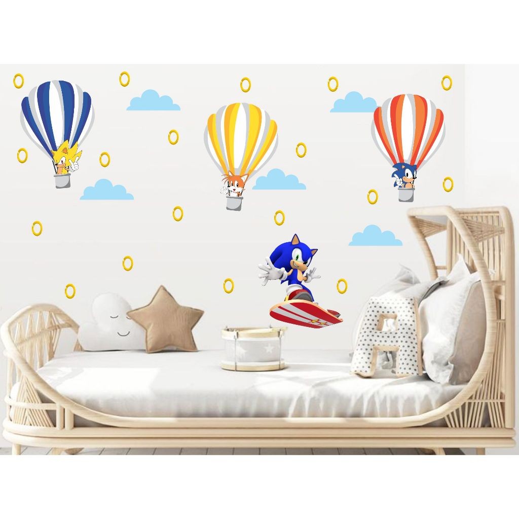 adesivo de parede decoração infantil sonic balões skate