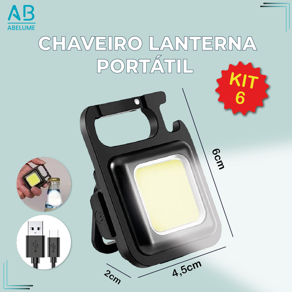 Kit 6 Mini Chaveiro Lanterna Portátil LED Super potente 1000 Lumens com carregador USB Branco Frio em Oferta na Shopee