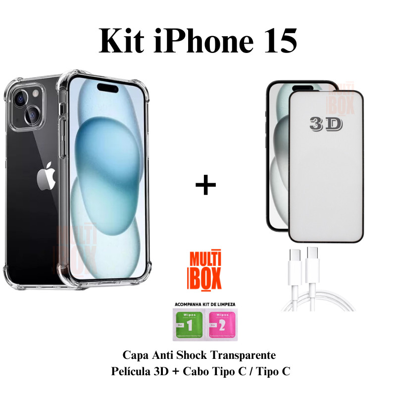 Kit Capa Anti Shock + Película 3D + Cabo Carregador Tipo C - Tipo C para Iphone 15 15 PRO 15 PRO MAX 15 PLUS
