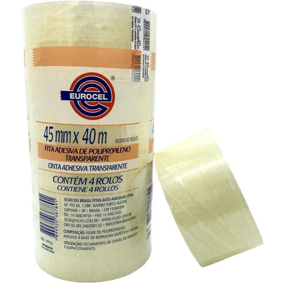 Fita Adesiva Transparente PP Larga 45x40 Forte Resistente Eurocel Kit 4 Rolos