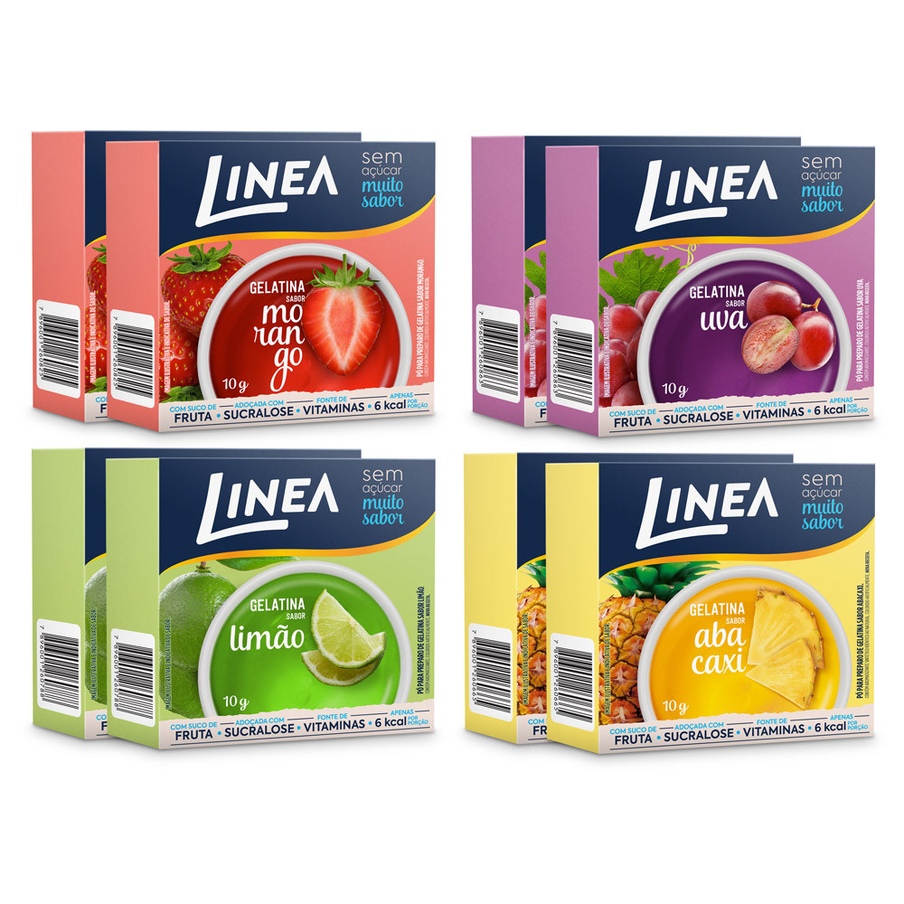 Kit 8 Gelatinas Linea Sabores Abacaxi, Morango, Limão e Uva 10g