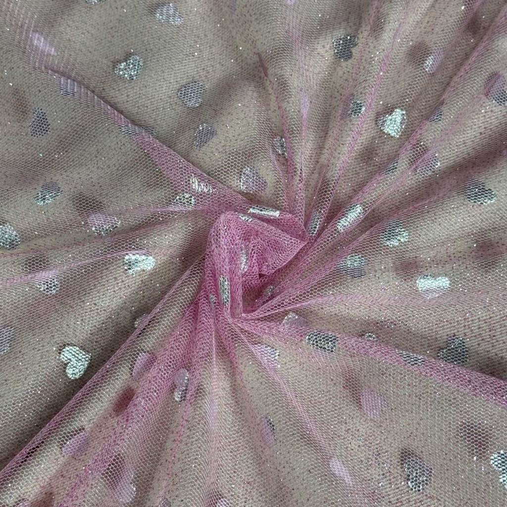 Tecido Tule Glitter 100% Poliester Coração Rosa