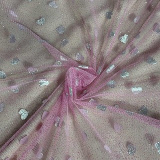 Tecido Tule Glitter 100% Poliester Coração Rosa