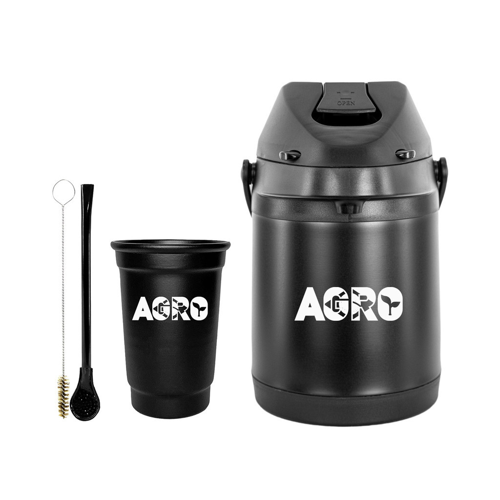 Kit Tereré Garrafa Térmica 2.5l Preta Copo Alumínio Preto Bomba Tradicional Preta