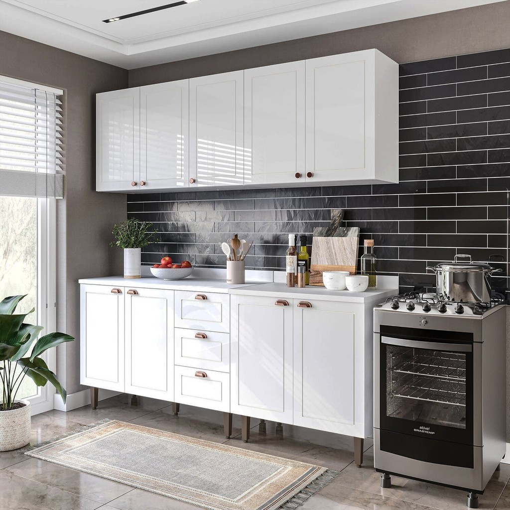 Cozinha Pérola com Tampo 4 Peças Aéreos com 5 Portas, Balcão 2 Gavetas 3 Portas e Balcão 2 Portas Ye Branco em Oferta na Shopee