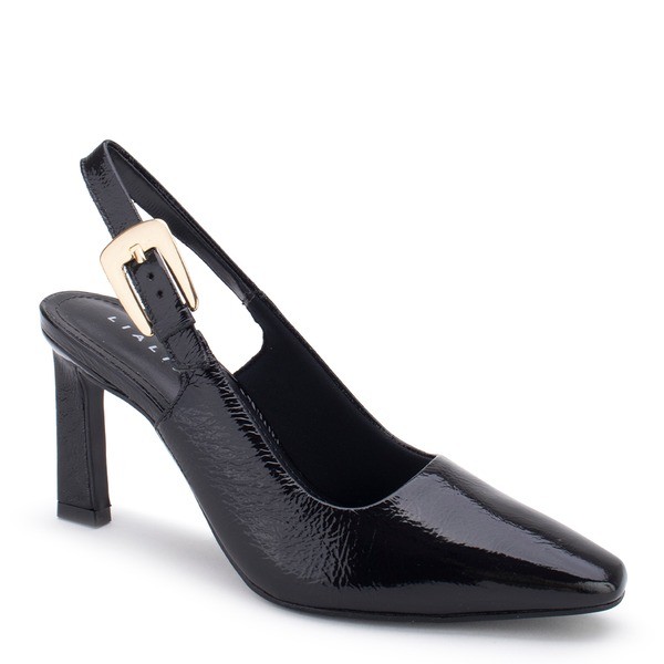 Sapato Feminino LiaLine Verniz  Salto Alto Fino Fivela Dourada