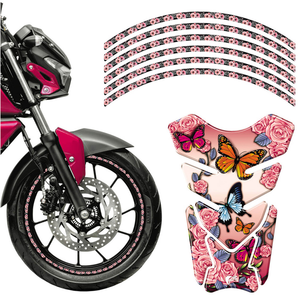 Combo Protetor Adesivo Tanque E Aro Moto Honda Yamaha Cb Cg Fazer Faminino Borboleta Rosa