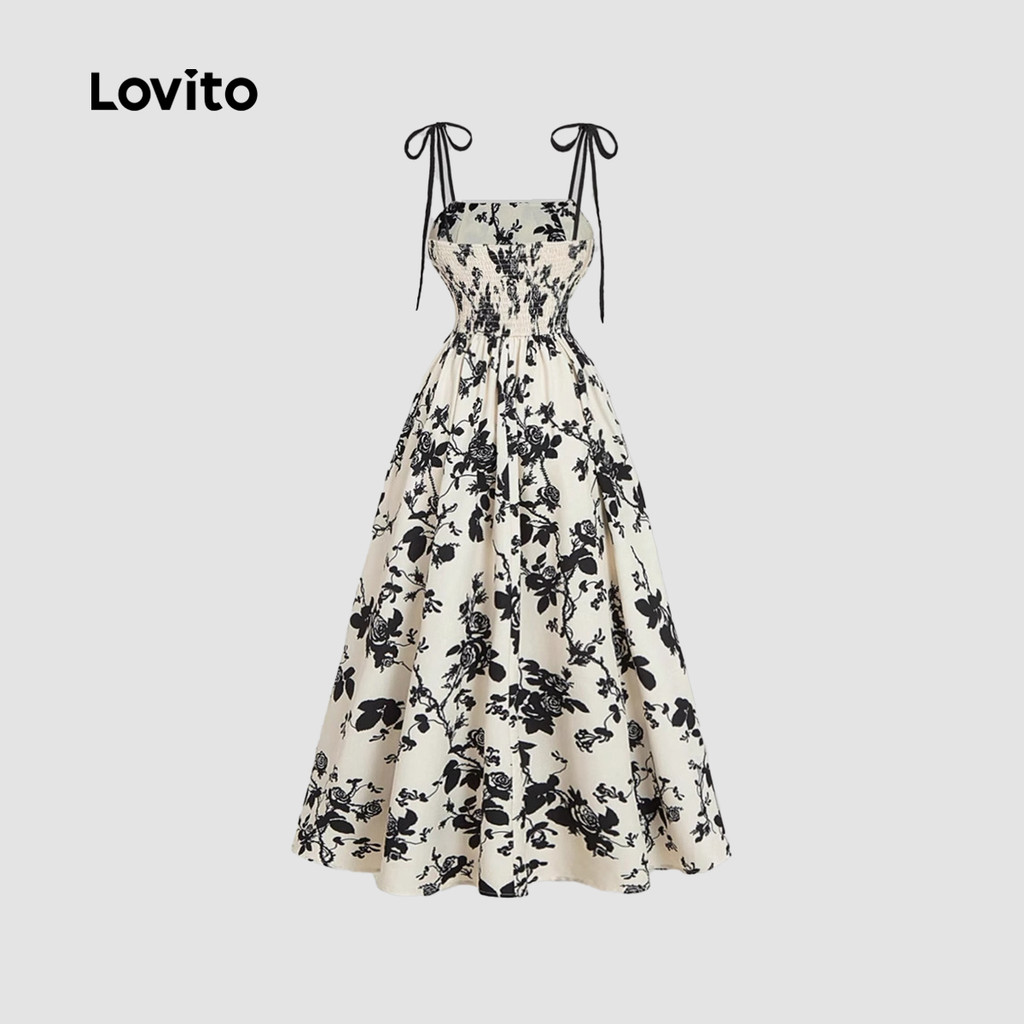 (Trendy) Lovito Vestido Elegante de Renda com Amarração Toque Suave Vestido de Primavera/verão para Mulheres LNL105404