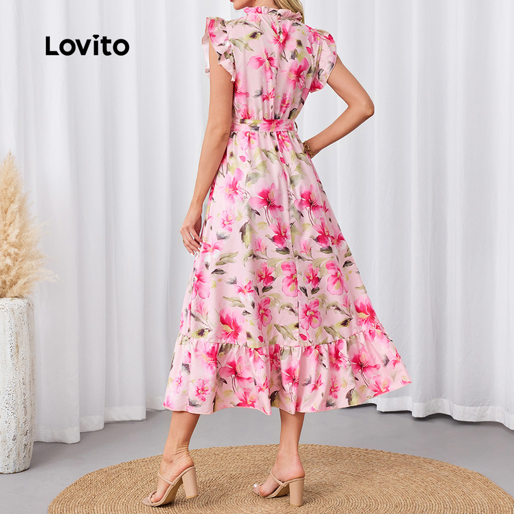 (Trendy) Lovito Vestido Floral Com Renda Verão/Primavera Praia De Férias Para Mulheres LBL23516 - Women Clothes