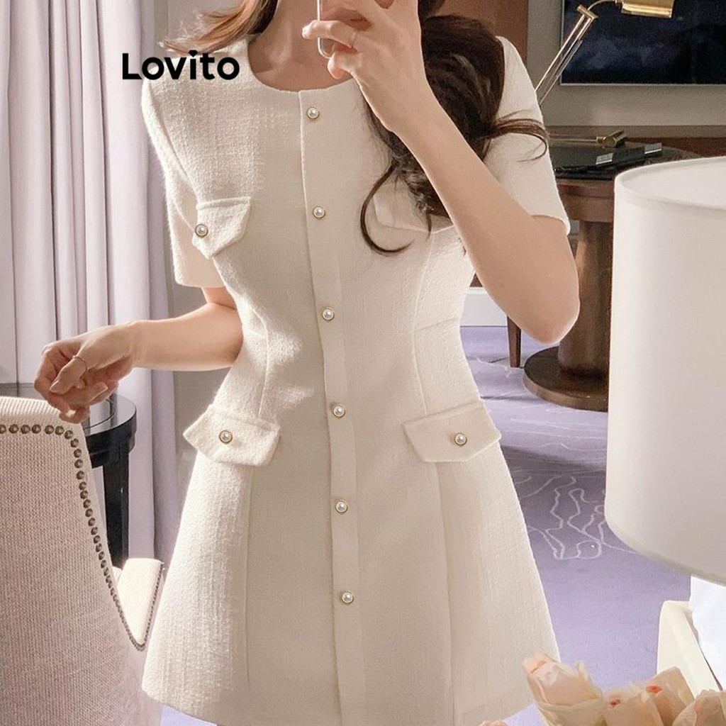 Lovito Vestido Casual Liso Com Bolso Falso E Botão Frontal Para Mulheres LNM66074 - Women Clothes