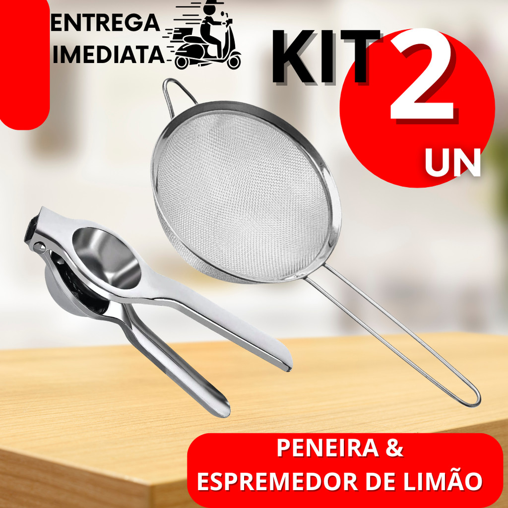 Jogo 2 Peneiras e Espremedor de Limão Frutas 100% Aço Inox Praticidade Para Cozinha Restaurantes e Casa