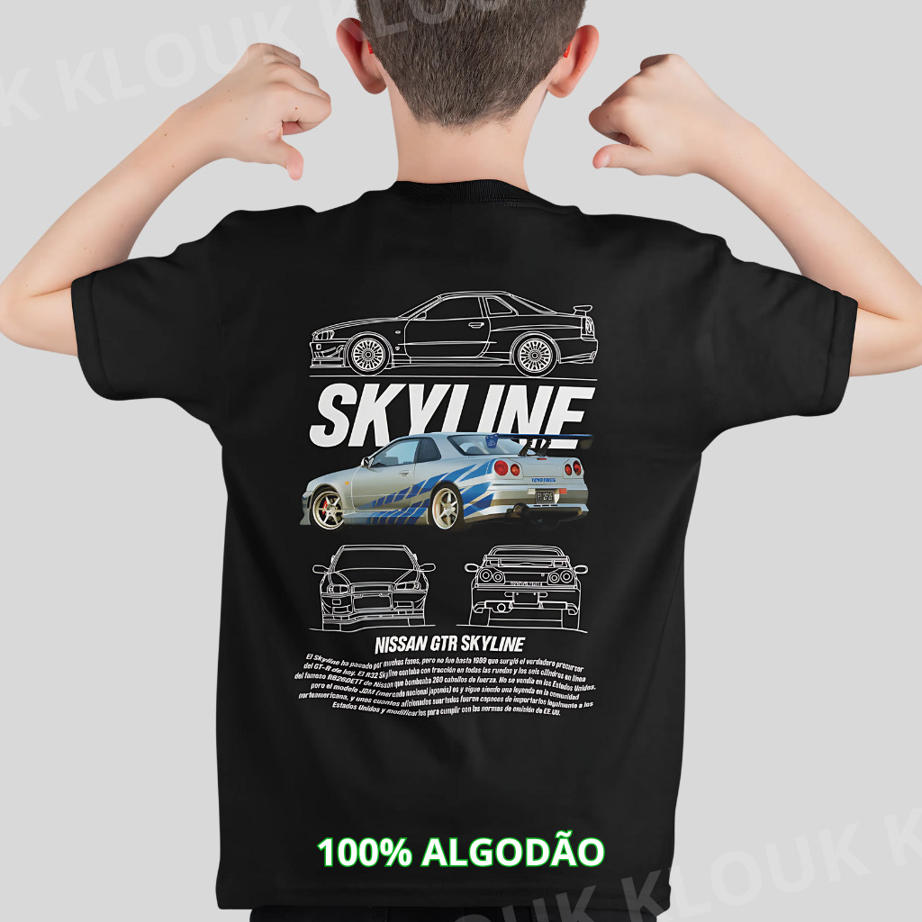 Camiseta Juvenil Infantil Adulto Nissan Skyline GTR R-34 Video Game Gtr Carros unissex 100% Algodão