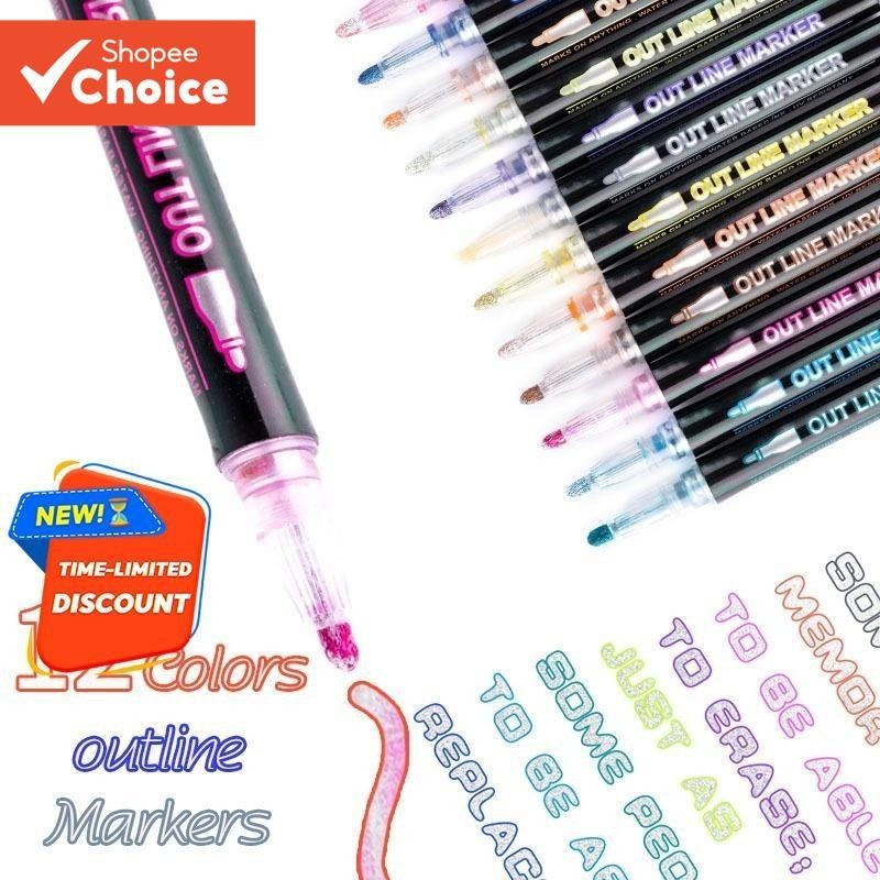 Conjunto De Canetas De Contorno De Linha Dupla 8/12/24 Cores Marcadores Metálicos Para Projetos De Arte DIY E Criativa