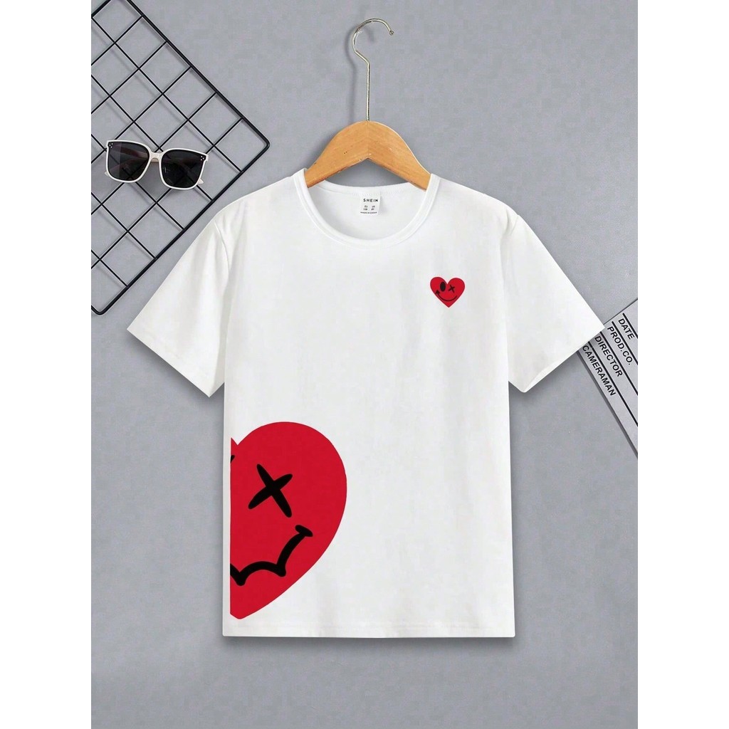 Camiseta Infantil 2 Coração Blusa De Gola Redonda De Manga Curta Com Estampa De Coração Para Menino Pré-adolescente