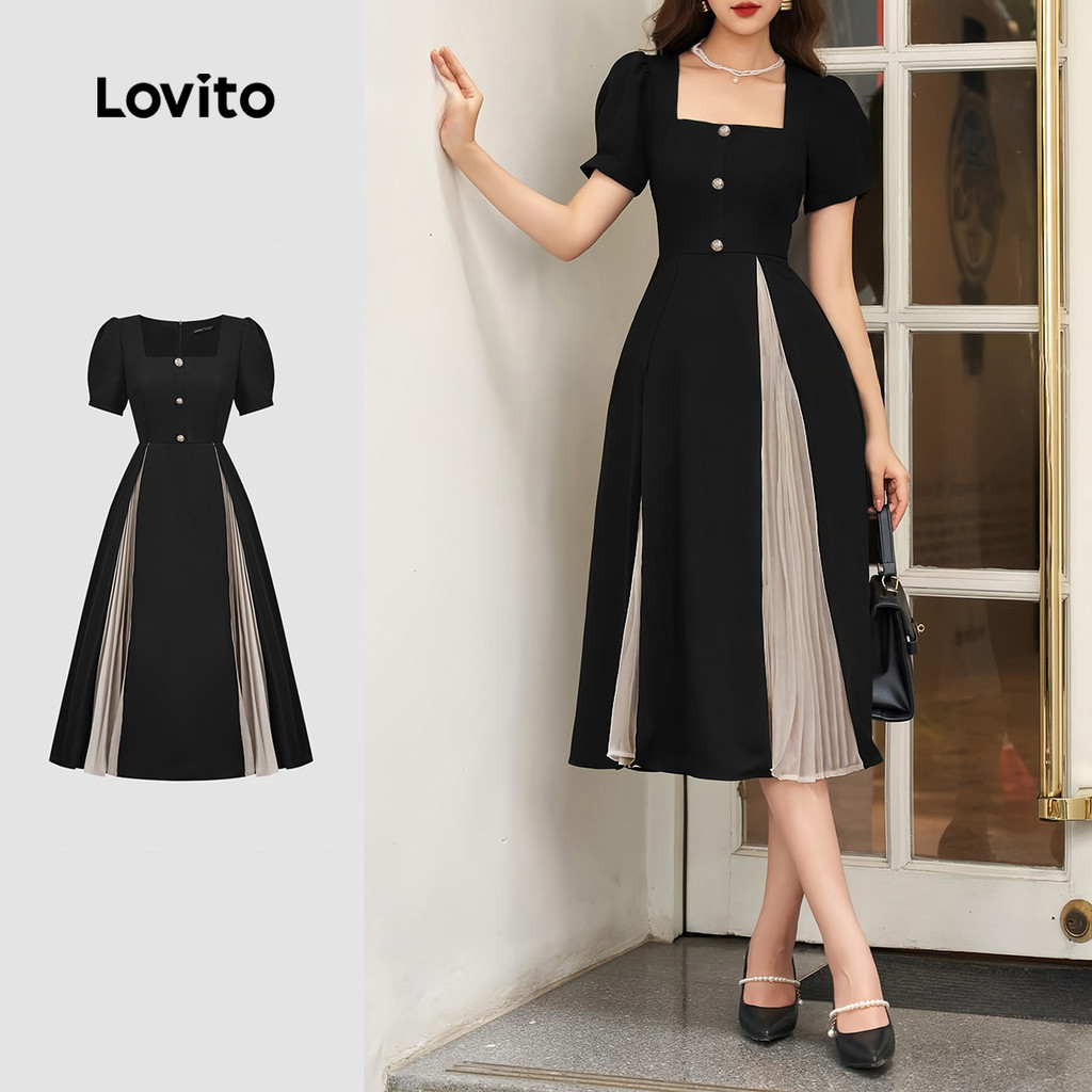 Lovito Vestido Preto Elegante Liso Colorblock Plissado Primavera/Verão Para Mulheres L135A2D514 - Women Clothes