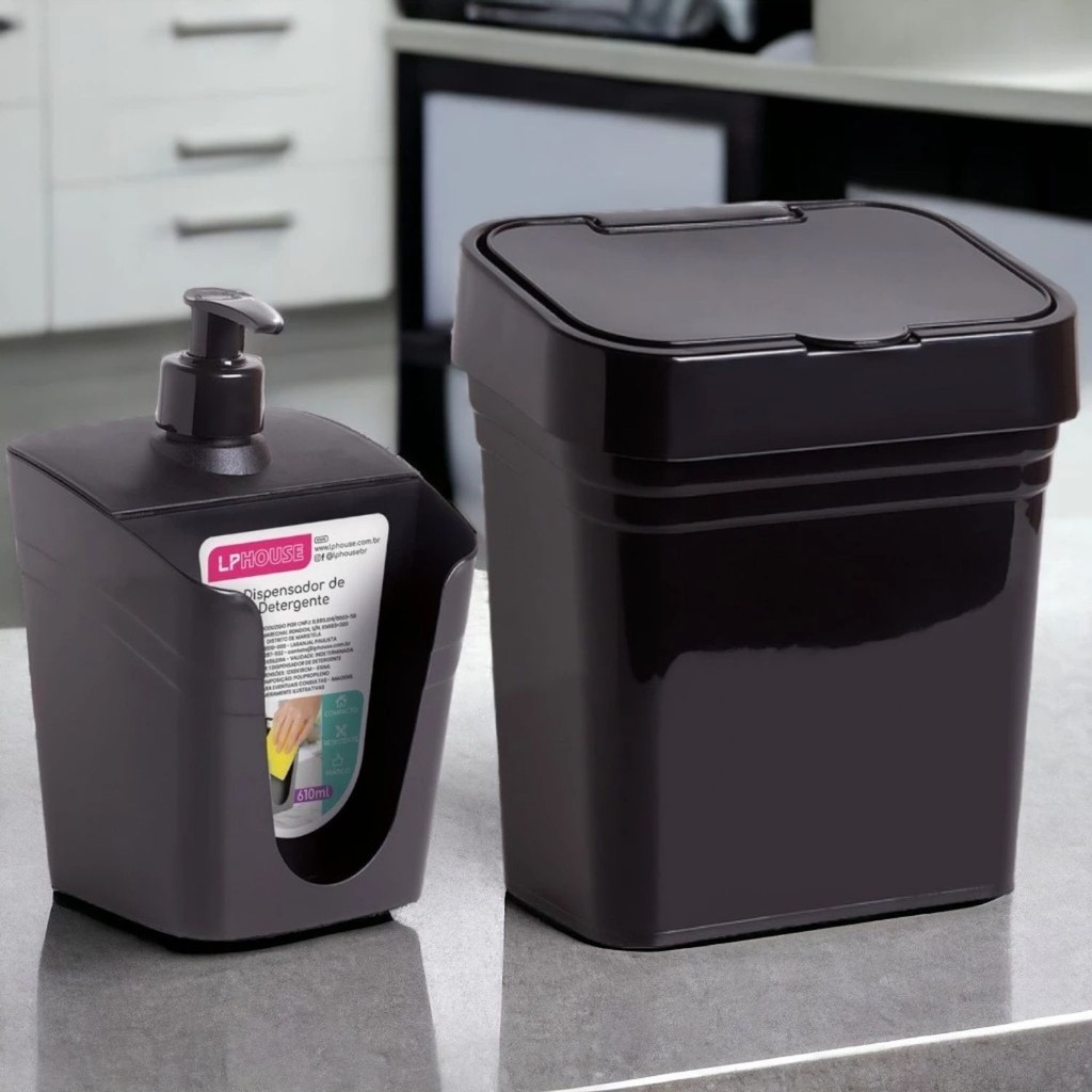 Kit Lixeira 2,8 L + Dispenser de Detergente Porta Esponja Bucha, Cozinha Pia - LP House