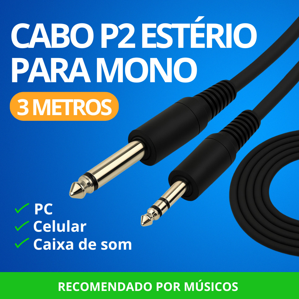 Cabo P2 Estéreo Para P10 Mono 3 Metros Áudio Profissional Celular Pc Caixa Som em Oferta na Shopee