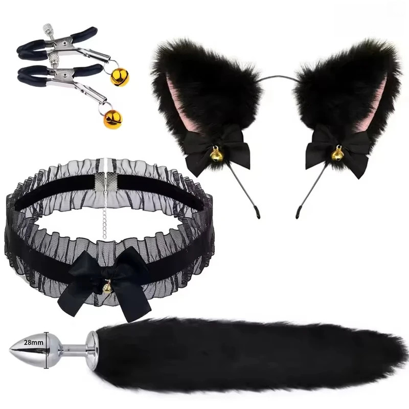 Bonito Raposa Cauda Anal Plug Arco-Nó Macio Orelhas De Gato Headbands Colar Erótico Cosplay SM Brinquedos Sexuais Para F em Oferta na Shopee