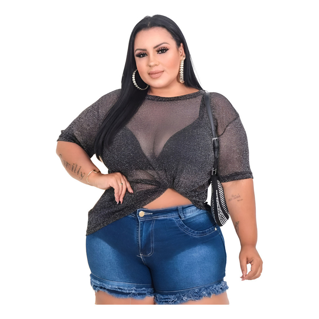 BLUSA Tule Lurex Com Bilho Curta Moda Balada Verão Blusa /MANGA CURTA PLUS SIZE
