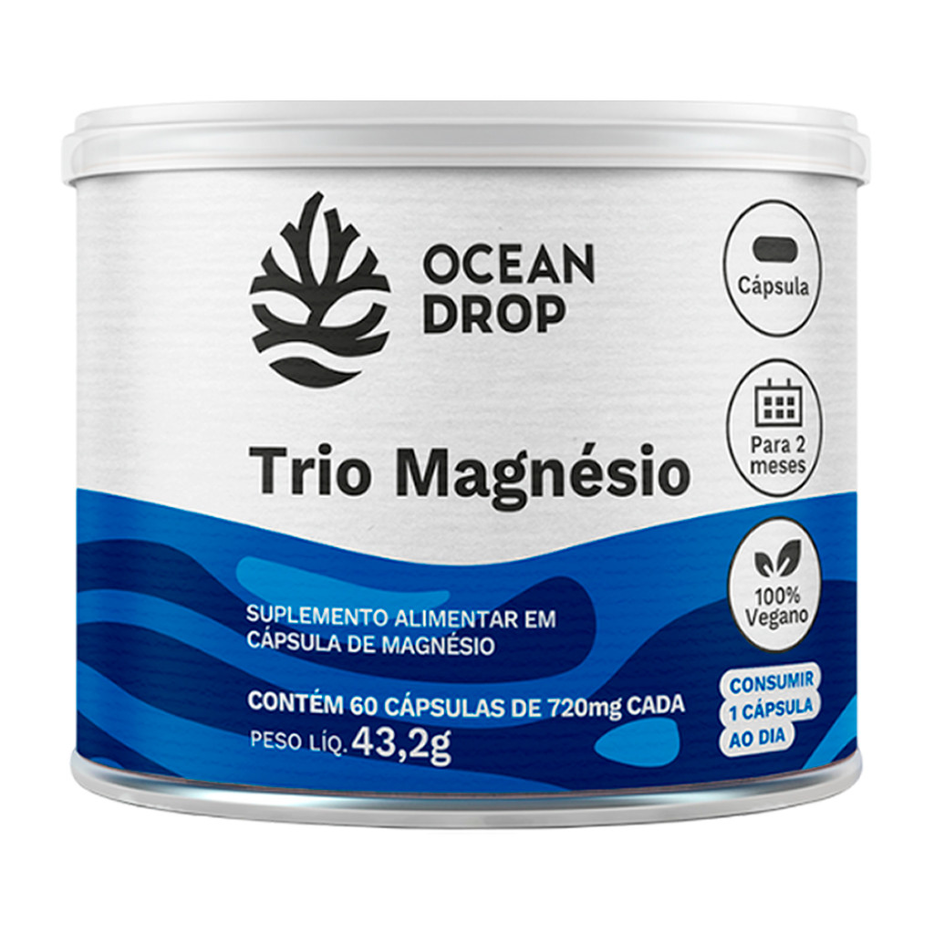 Trio Mix Magnésio Ocean Drop dimalato, bisglicinato e óxido de magnésio Vegano 60 Cápsulas
