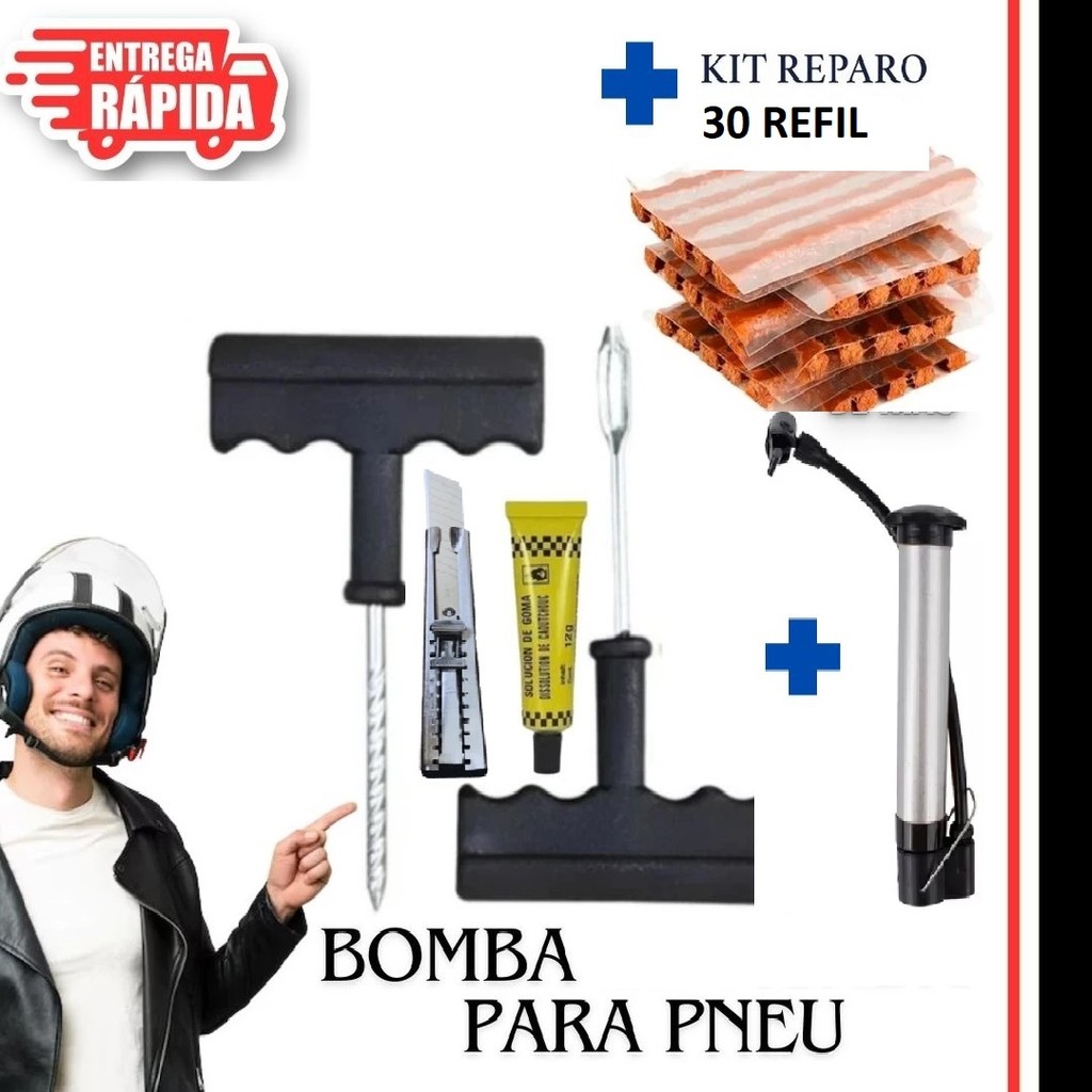 Kit Reparo Pneu sem Camara p/Carro e Moto + 30 Refil Selante Macarrão Remendo + Bomba de ar estilete