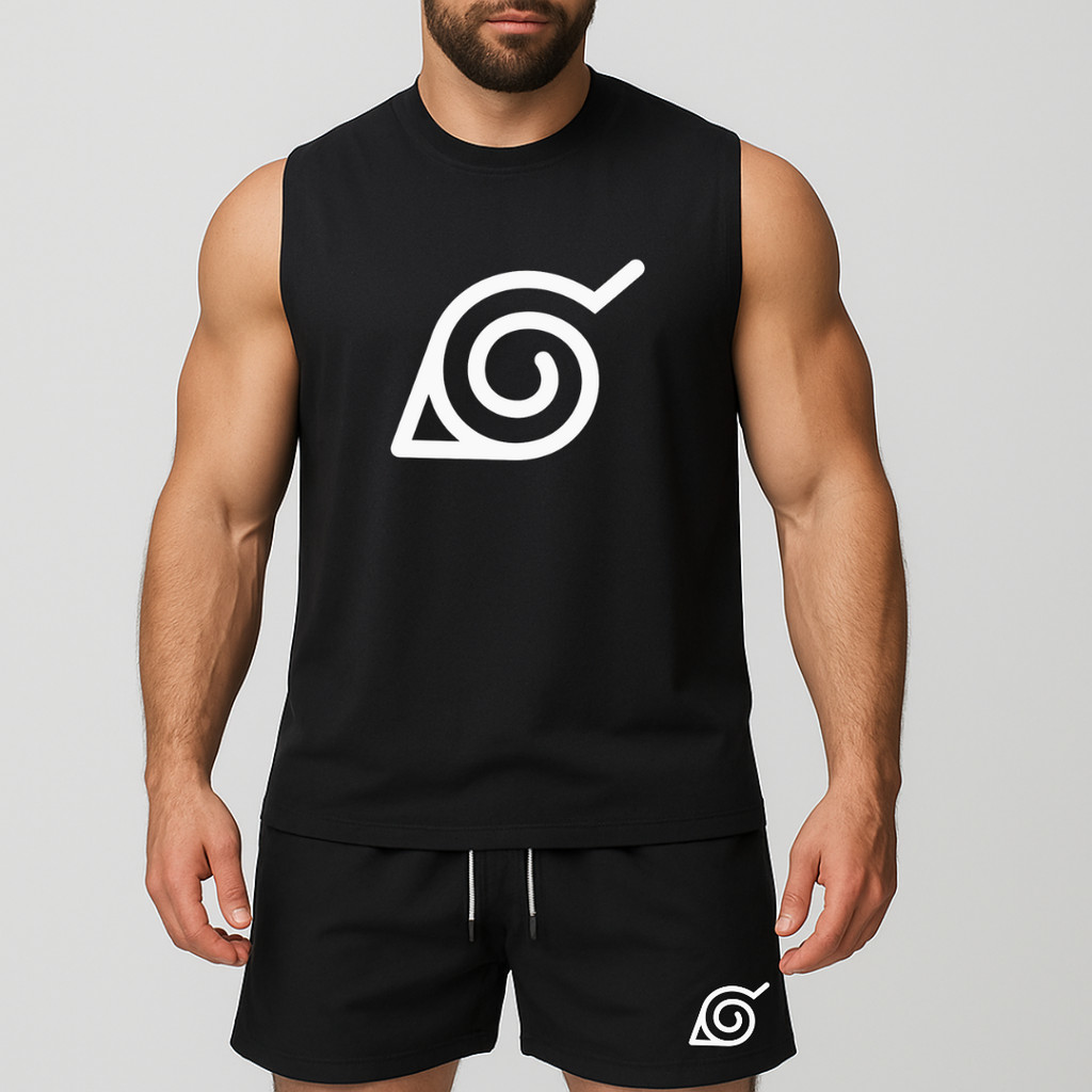 conjunto regata oversized e short de tactel de academia másculino estampada desenho anime simbolo de konoha