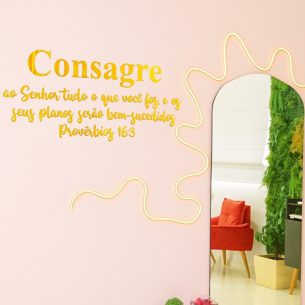 Espelho Decorativo Frase "Consagre" Provérbios 16:3 Acrilico Refletivo Elegante Frase