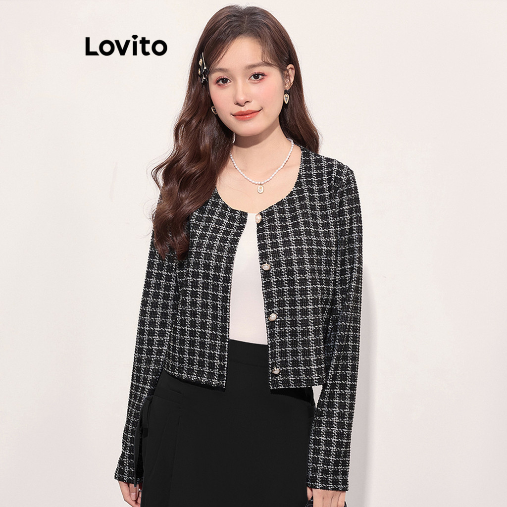 (Trendy) Lovito Casaco casual xadrez com botões para mulheres L114AD446 em Oferta na Shopee
