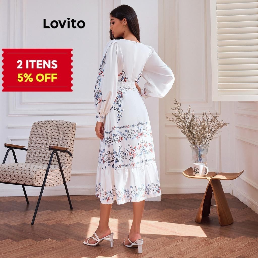 (Trendy) Lovito Vestido Elegante De Renda Floral Com Babados E Bainha Para Mulheres LBL14302 - Women Clothes
