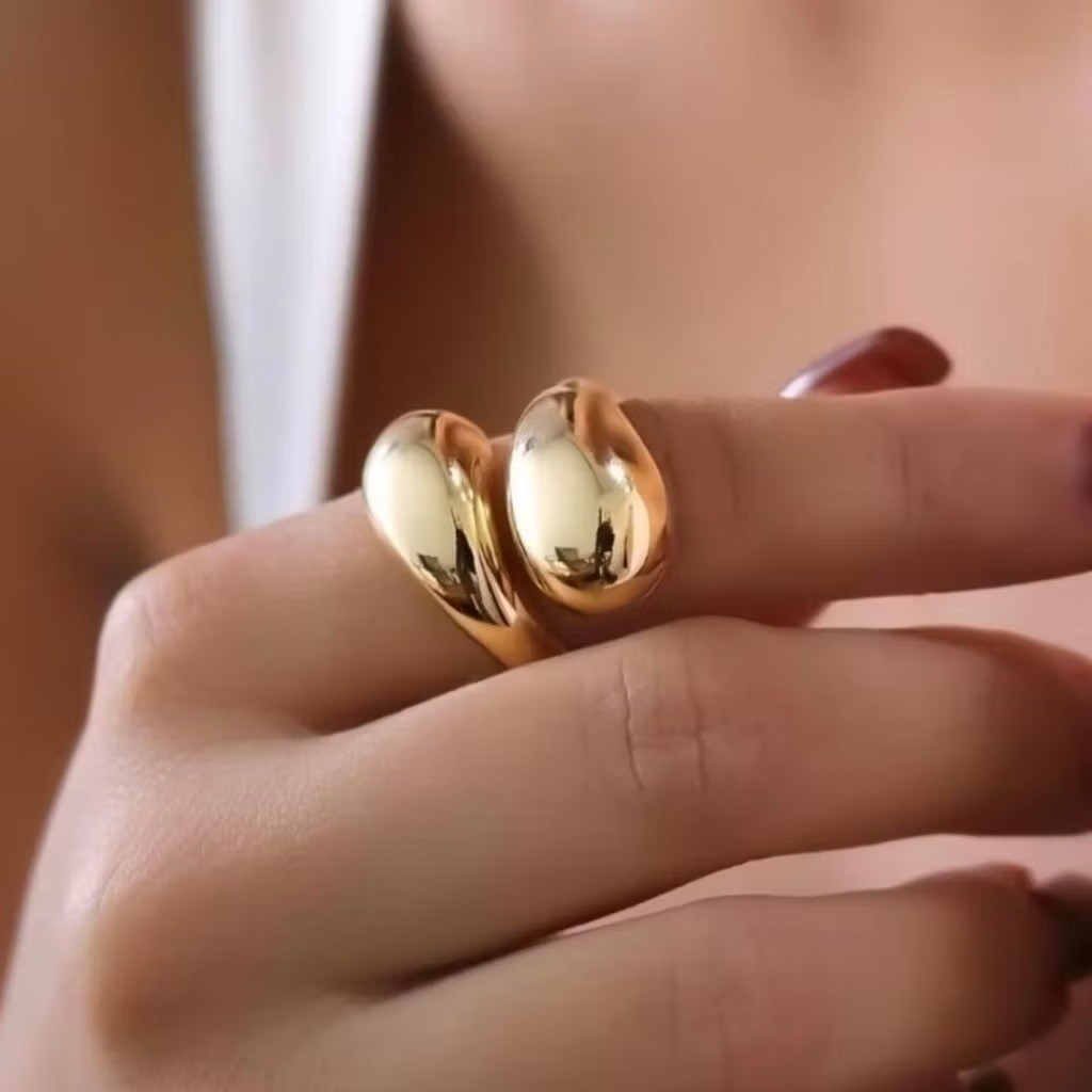 Anel ajustável liso de 2 gotas banhado a ouro 18K e prata 925 em Oferta na Shopee