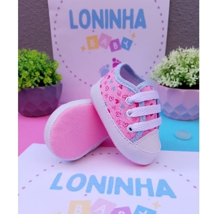 Tênis Infantil Menina Bebê recem nascido cor Rosa com estampa de Coração, Vies Azul bb em Oferta na Shopee