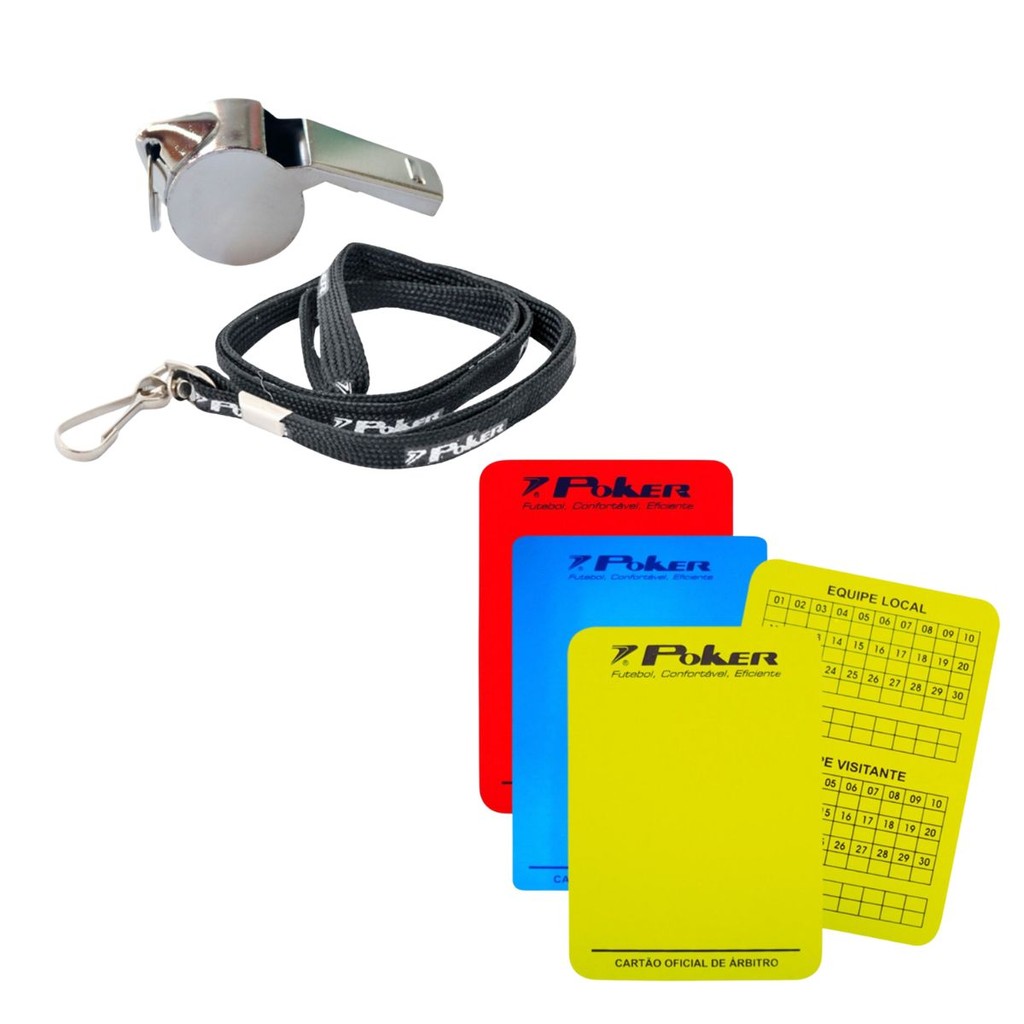 Kit Arbitro Juiz Poker Apito Metal Aguia Profissional + 3 Cartão Oficial Futebol Campo Salão Society