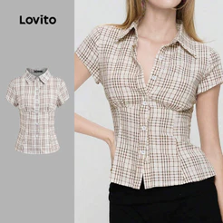 Lovito Casual Blusa de Botões Linha de Estrutura de Blusa de Primavera/verão Marrom para mulheres L144AD020