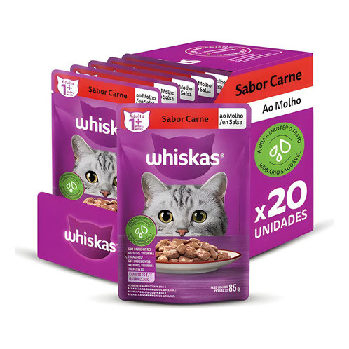 Whiskas Pack Ração Úmida Para Gatos Carne Ao Molho 85gr Com 20 Sachê