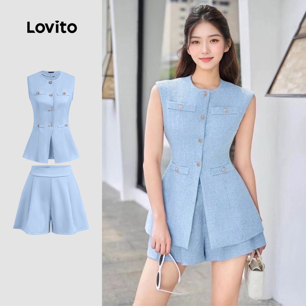 Lovito Blusas Ou Calças De Verão/primavera Com Botões Lisos Para Mulheres L129ED570 em Oferta na Shopee