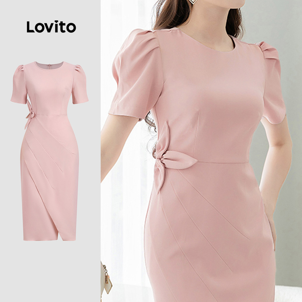 Lovito Vestido Elegante de Estrutura Simples para Mulheres  Passeio Casual  Primavera/verão  rosa L143ED283 em Oferta na Shopee