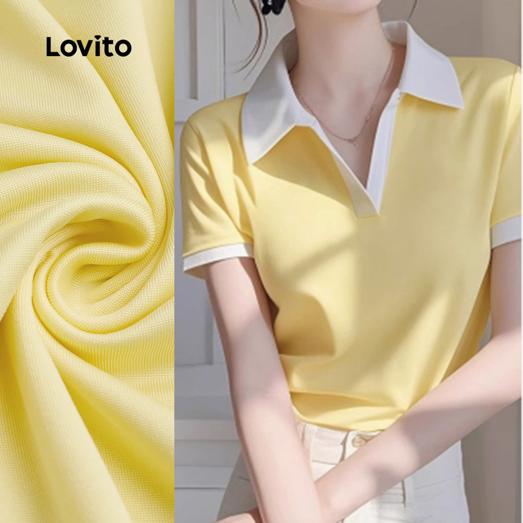 (New) Lovito Camisa Casual de Manga Curta com Blocos de Cor Primavera/verão Camiseta Amarela para mulheres L142ED139 em Oferta na Shopee