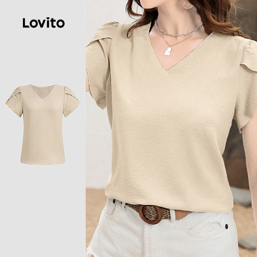 (New) Lovito Blusa Casual com Pregas e Babado Primavera/verão Blusa Caqui para Mulheres L142ED528 em Oferta na Shopee