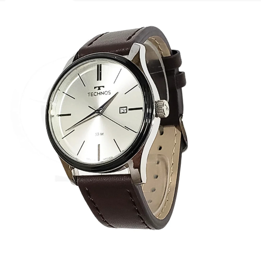 Relógio Pulso Masculino Technos 2115MPP1K Steel Prata Fundo Prata Analógico Pulseira Couro Prova D'àgua Lente Cristal