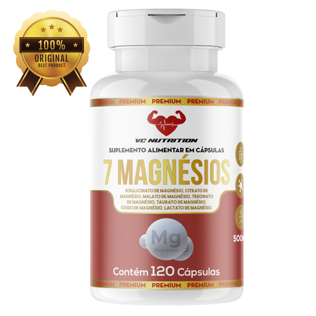 7 Magnésios completo - Bisglicinato, citrato, malato, treonato, taurato, óxido, lactato,  em 120 cápsulas de 500 mg