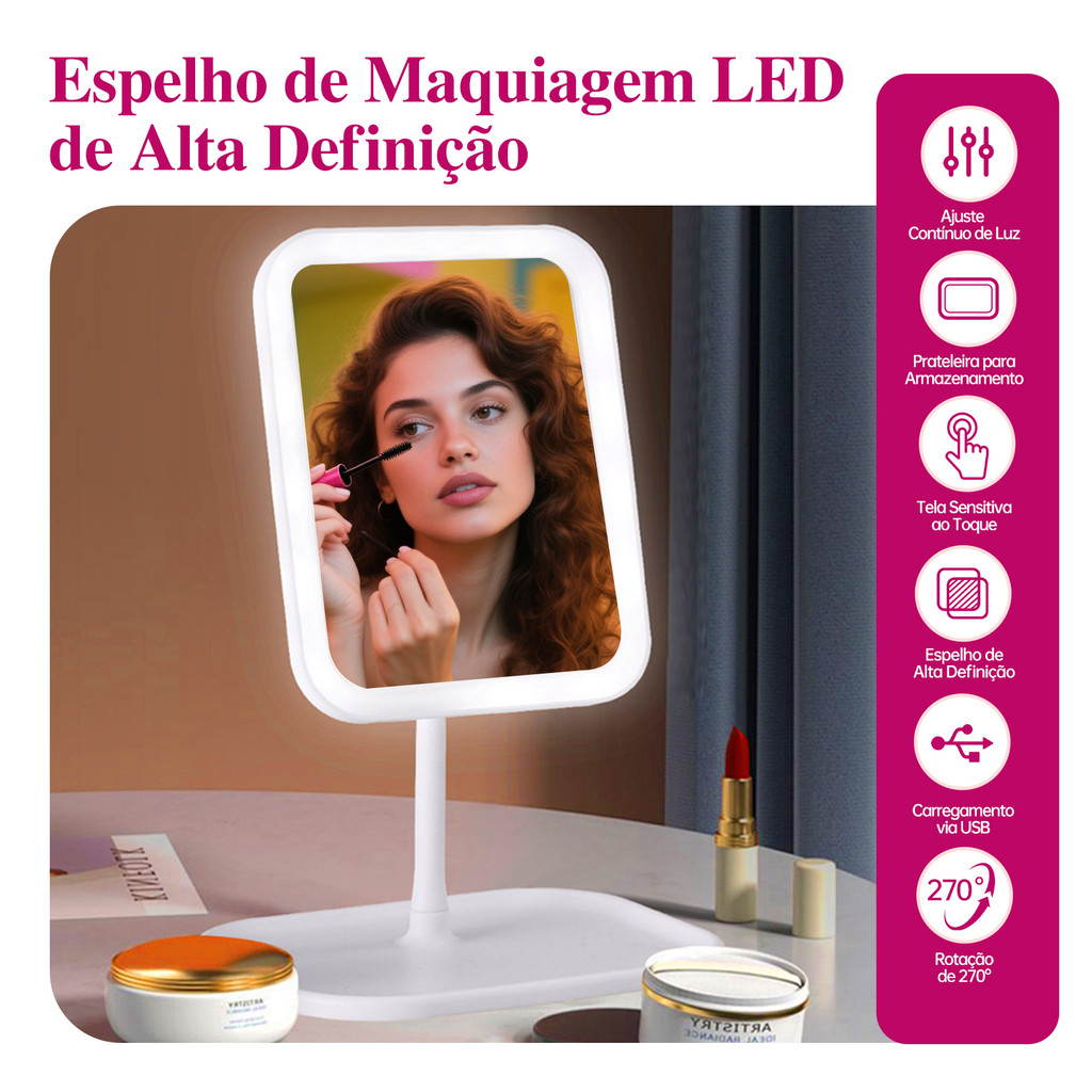 Espelho de Maquiagem Mesa LED 3 Cores Recarregável Espelho Mesa Touch Luzes Ajustáveis Portátil USB