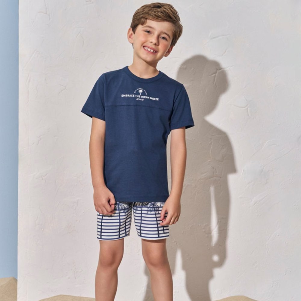 Conjunto Menino Divertto Camiseta Algodão e Bermuda Moletom Estampada Marinho/Off