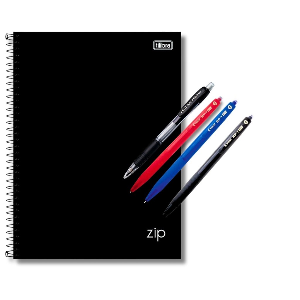 KIT 5 ÍTENS CADERNO 320FLS ZIP PRETO TILIBRA 3 CANETAS BP LAPISEIRA 0.7 BORRACHA NA PONTA GRIP PILOT