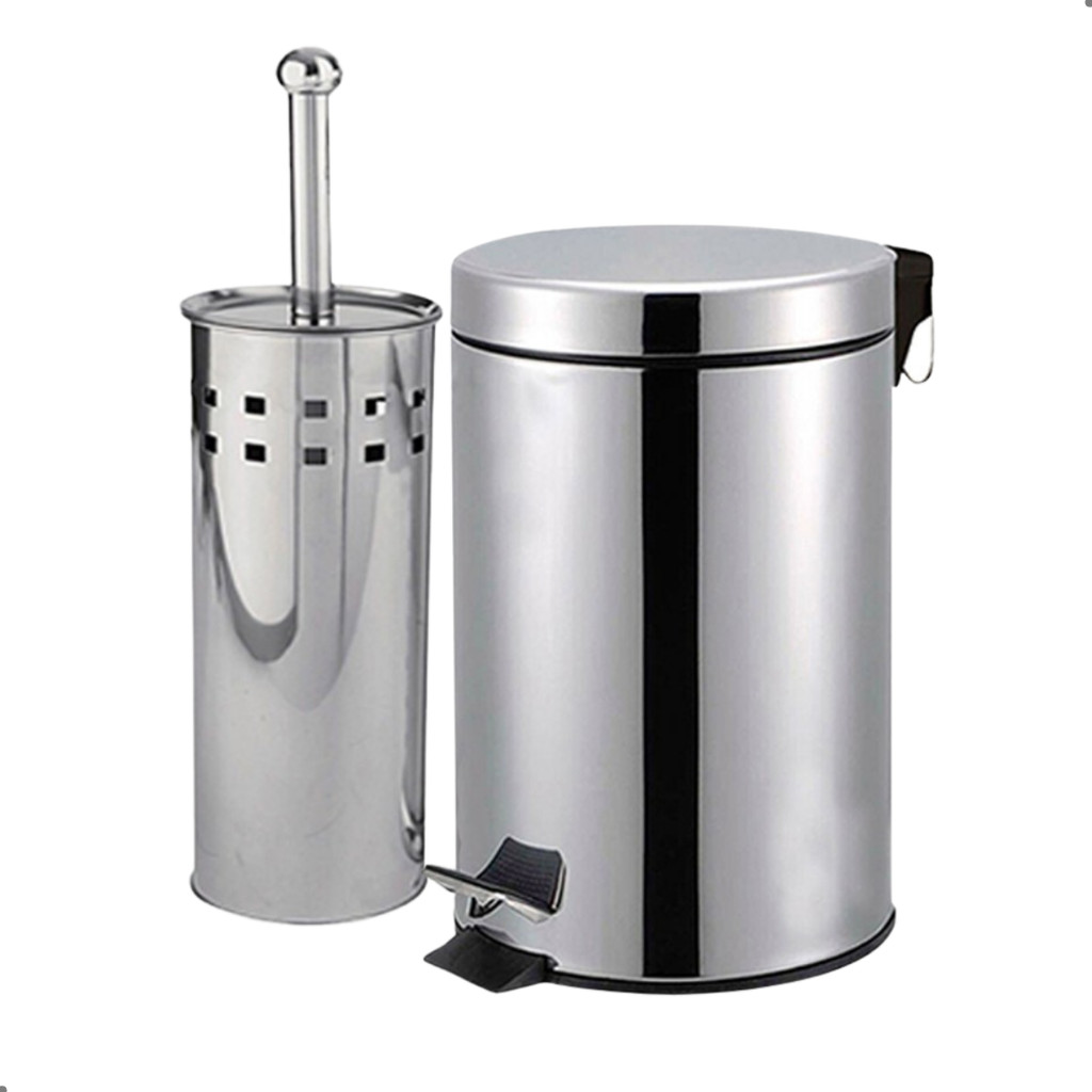 Kit Lixeira 3 litros Inox + Escova Sanitária Inox para Banheiro Cesto de Lixo Pedal Balde Removível