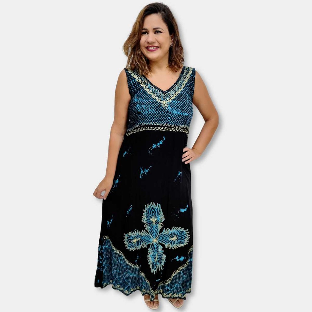 Vestido Indiano Longo Batik Regata com Bordados 1016
